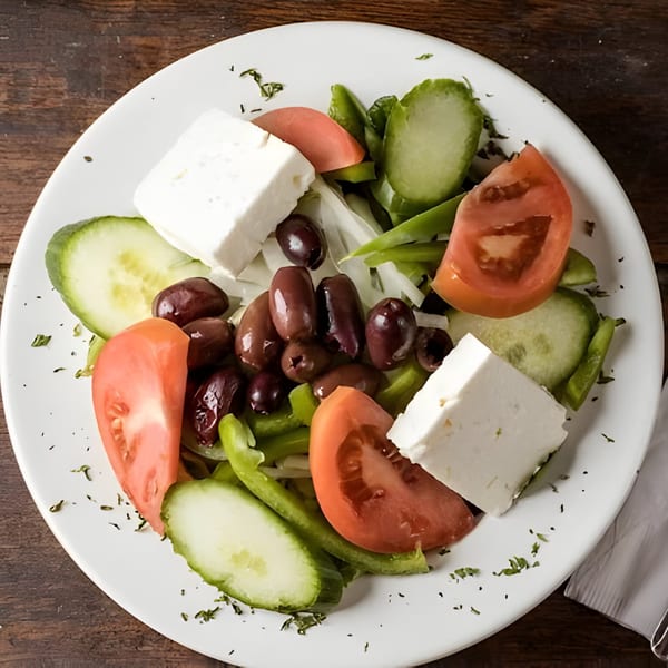 A fresh Greek salad with feta, olives, tomatoes, cucumbers, and green peppers on a white plate.