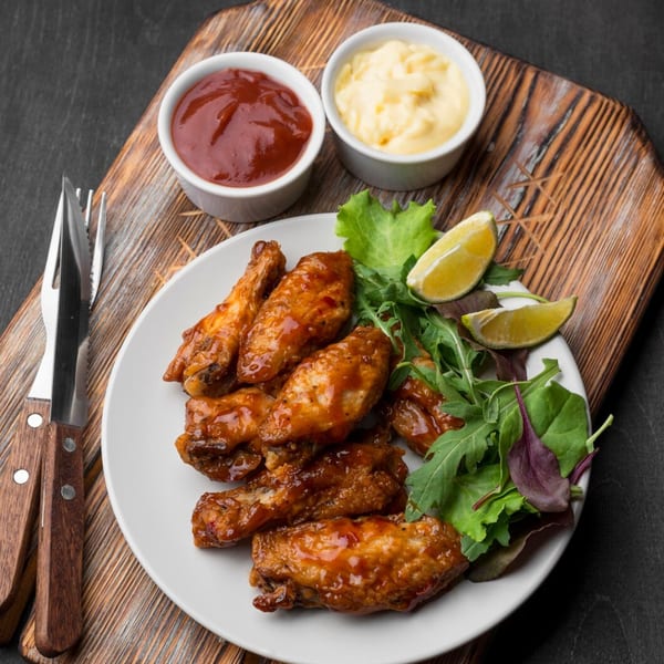Glazed chicken wings with salad, lime, ketchup, and mayonnaise on a wooden board.